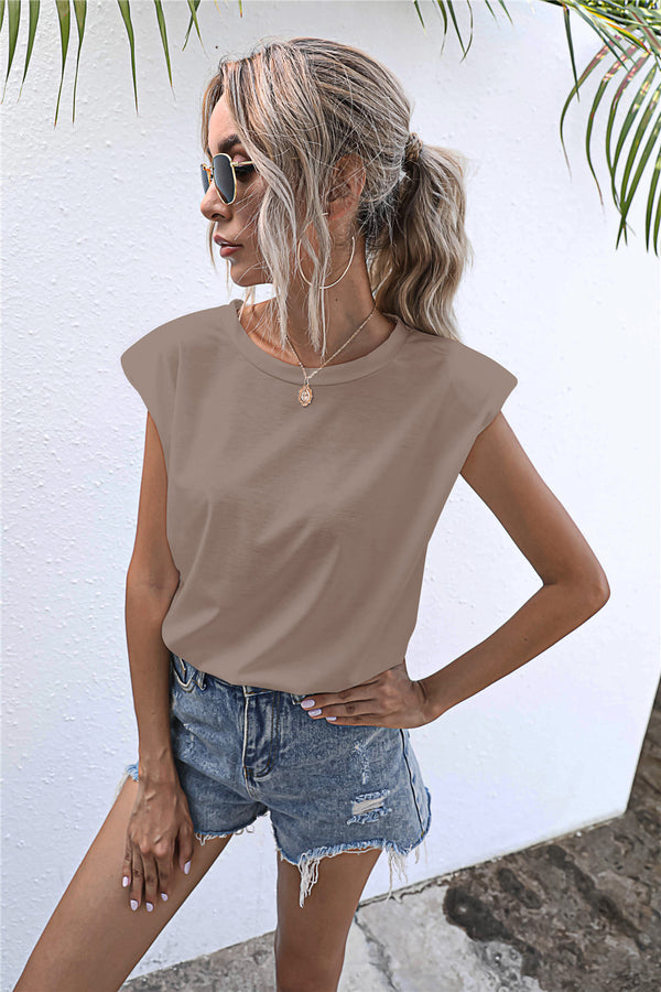 Round Neck Cap Sleeve Tee-Teresa's Fashionista LLC
