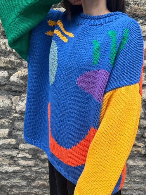 Contrast Drop Shoulder Long Sleeve Sweater-Teresa&#39;s Fashionista LLC