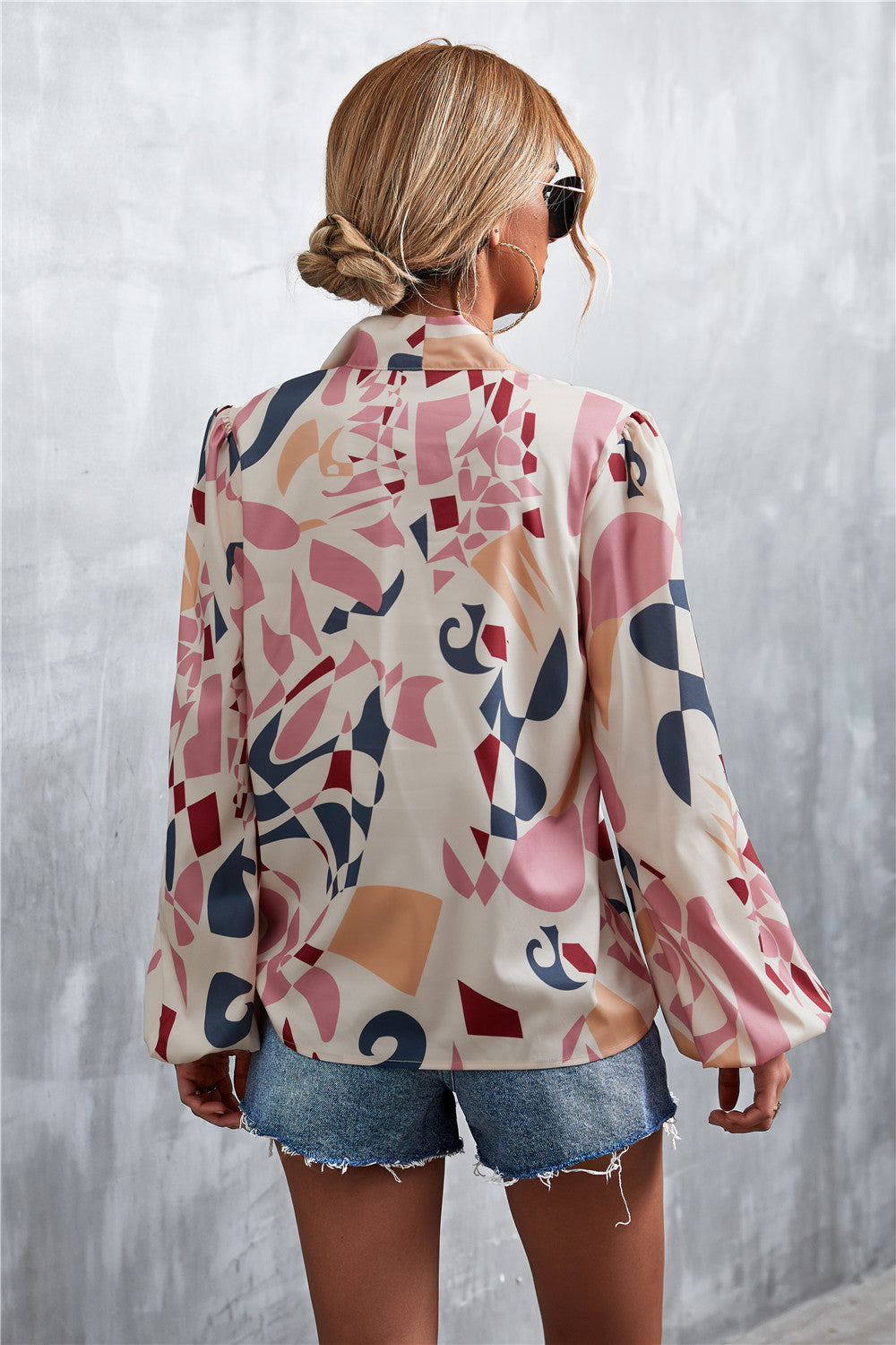 Printed Tie Neck Puff Sleeve Blouse-Teresa's Fashionista LLC