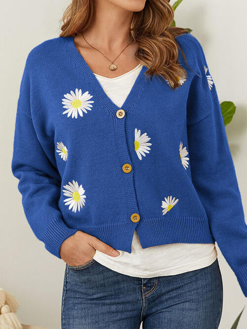 Flower Button Front Dropped Shoulder Cardigan-Teresa&#39;s Fashionista LLC
