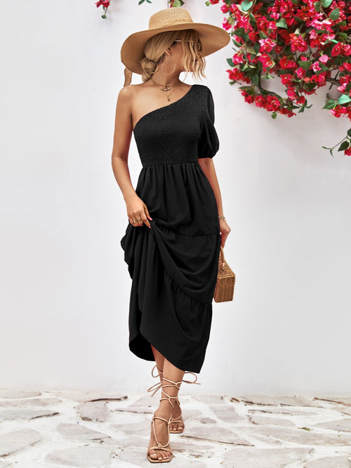 Smocked One-Shoulder Midi Dress-Teresa's Fashionista LLC