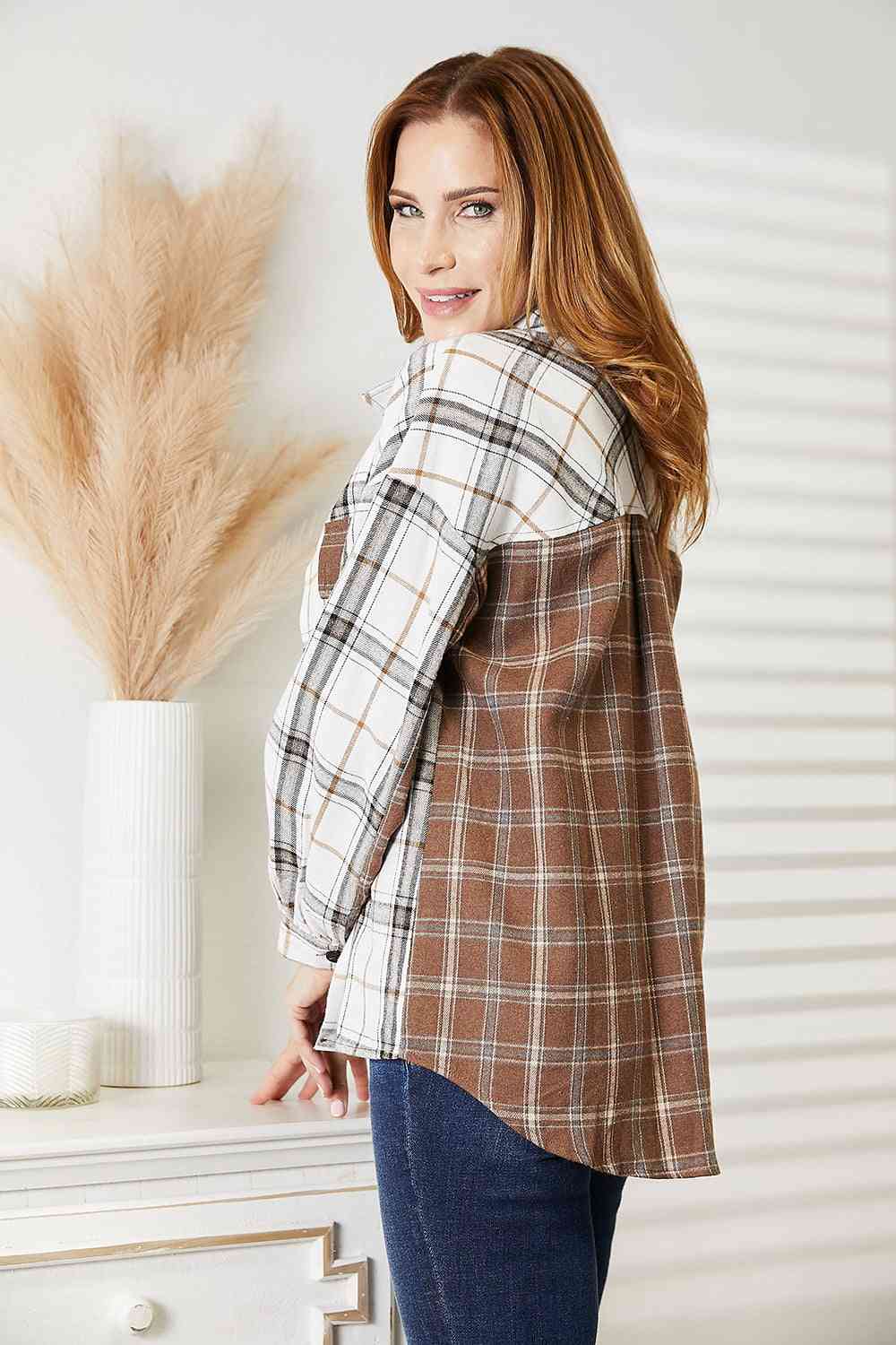 Double Take Plaid Contrast Button Up Shirt Jacket-Teresa's Fashionista LLC