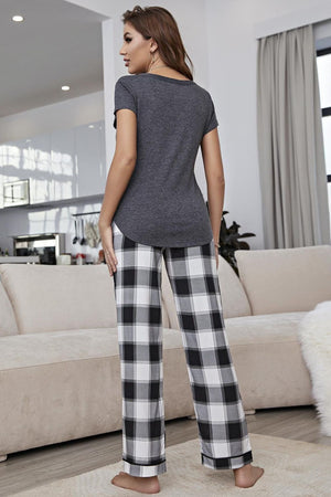 Curved Hem Short Sleeve Top and Plaid Pants Lounge Set-Teresa's Fashionista LLC