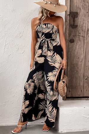 Printed Strapless Wide Leg Jumpsuit with Pockets-Teresa's Fashionista LLC