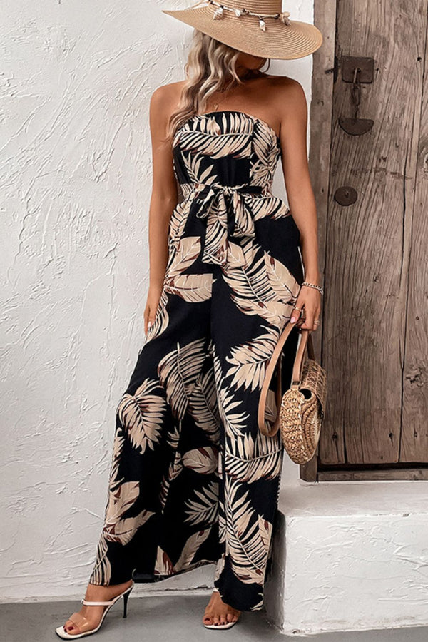 Printed Strapless Wide Leg Jumpsuit with Pockets-Teresa's Fashionista LLC
