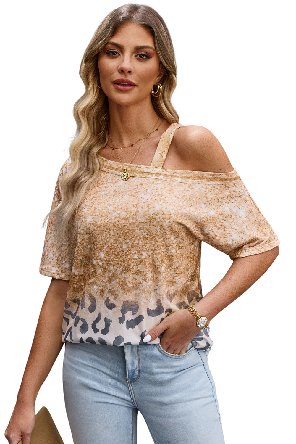 Leopard Asymmetrical Neck Cold-Shoulder Blouse-Teresa&#39;s Fashionista LLC