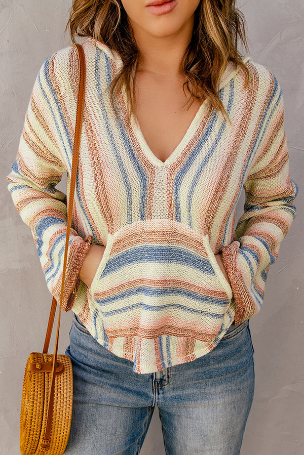 Striped Hooded Sweater with Kangaroo Pocket-Teresa's Fashionista LLC
