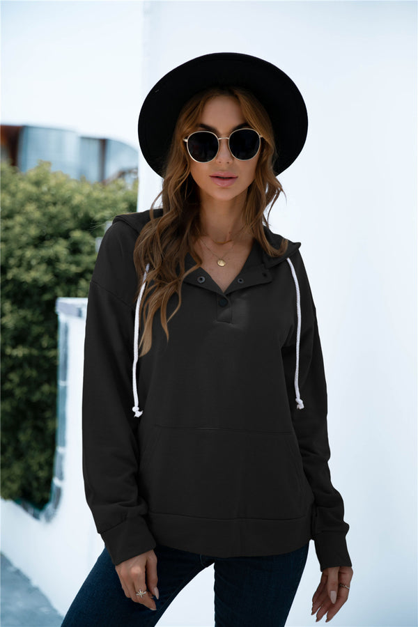Quarter Snap Drawstring Hoodie with Kangaroo Pocket-Teresa's Fashionista LLC