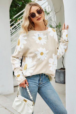 Daisy Print Openwork Round Neck Sweater-Teresa's Fashionista LLC