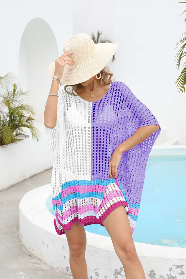 Contrast Scoop Neck Openwork Half Sleeve Cover Up-Teresa's Fashionista LLC