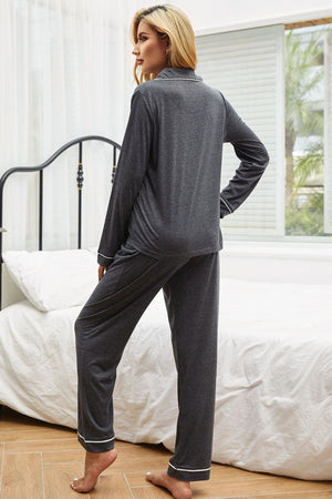 Contrast Piping Button Down Top and Pants Loungewear Set-Teresa's Fashionista LLC