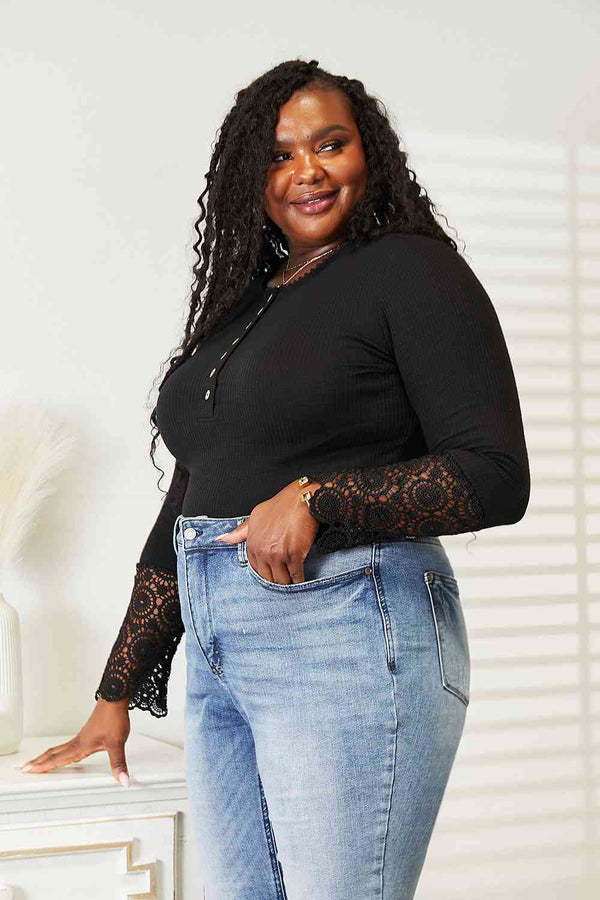 Double Take Crochet Lace Hem Sleeve Button Top-Teresa's Fashionista LLC