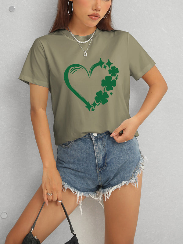 Heart Lucky Clover Round Neck Short Sleeve T-Shirt-Teresa's Fashionista LLC