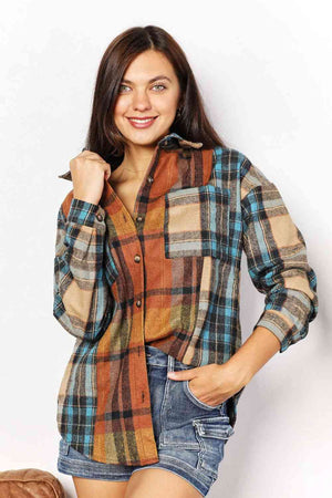 Double Take Plaid Curved Hem Shirt Jacket with Breast Pockets-Teresa's Fashionista LLC