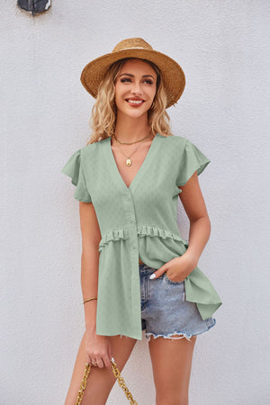 Buttoned V-Neck Ruffle Trim Top-Teresa's Fashionista LLC