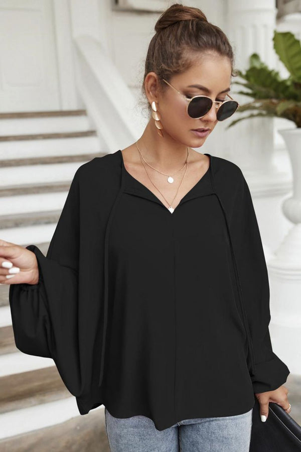 Tie Neck Balloon Sleeve Blouse-Teresa's Fashionista LLC