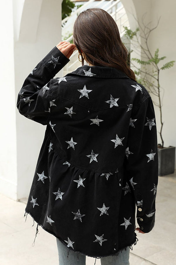 Collared Neck Star Print Long Sleeve Denim Jacket-Teresa's Fashionista LLC