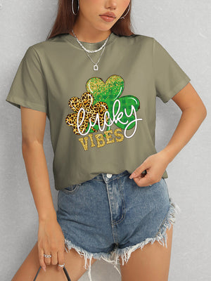 LUCKY VIBES Round Neck Short Sleeve T-Shirt-Teresa's Fashionista LLC