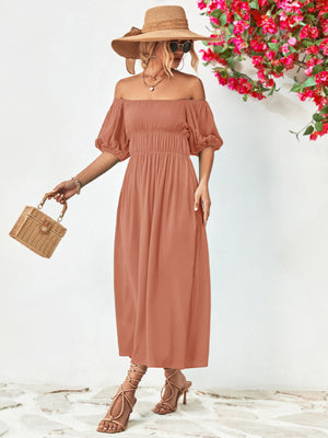 Off-shoulder balloon sleeve midi dress with puff sleeves in solid color.
