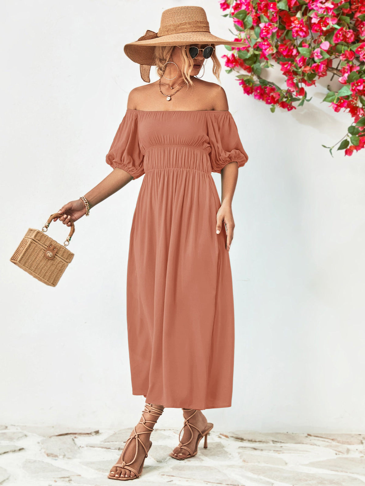 Off-shoulder balloon sleeve midi dress with puff sleeves in solid color.
