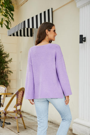 Drop Shoulder V-Neck Knit Pullover-Teresa's Fashionista LLC