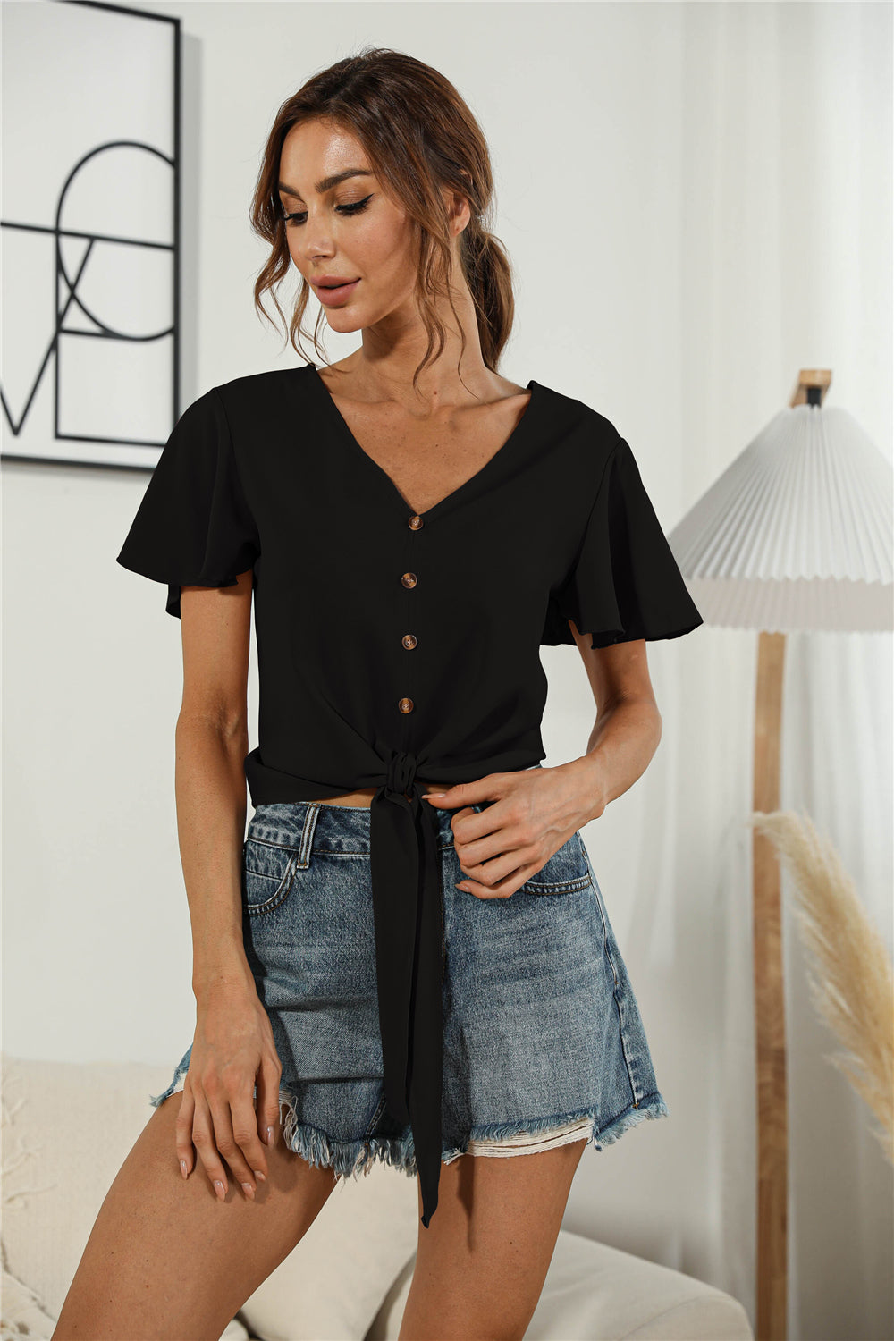 Decorative Button V-Neck Tied Blouse-Teresa&#39;s Fashionista LLC