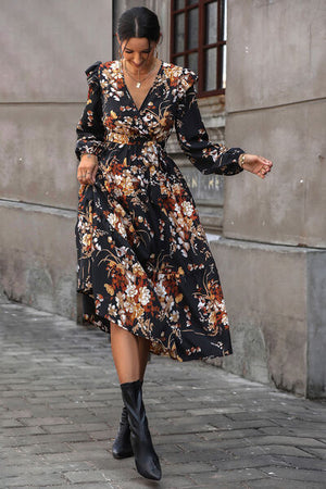 Floral Surplice Tie Front Ruffle Hem Midi Dress-Teresa's Fashionista LLC