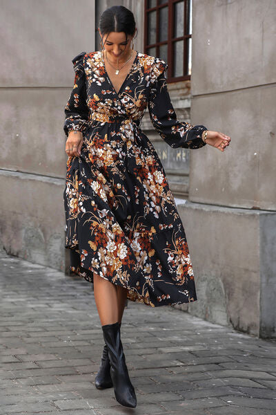 Floral Surplice Tie Front Ruffle Hem Midi Dress-Teresa's Fashionista LLC