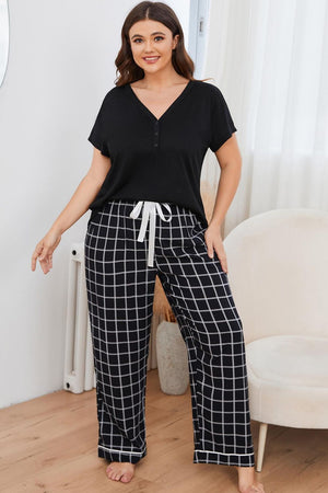 Plus Size V-Neck Top and Plaid Pants Lounge Set-Teresa's Fashionista LLC