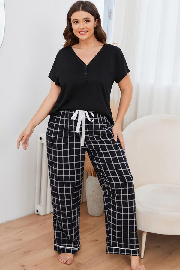 Plus Size V-Neck Top and Plaid Pants Lounge Set-Teresa's Fashionista LLC