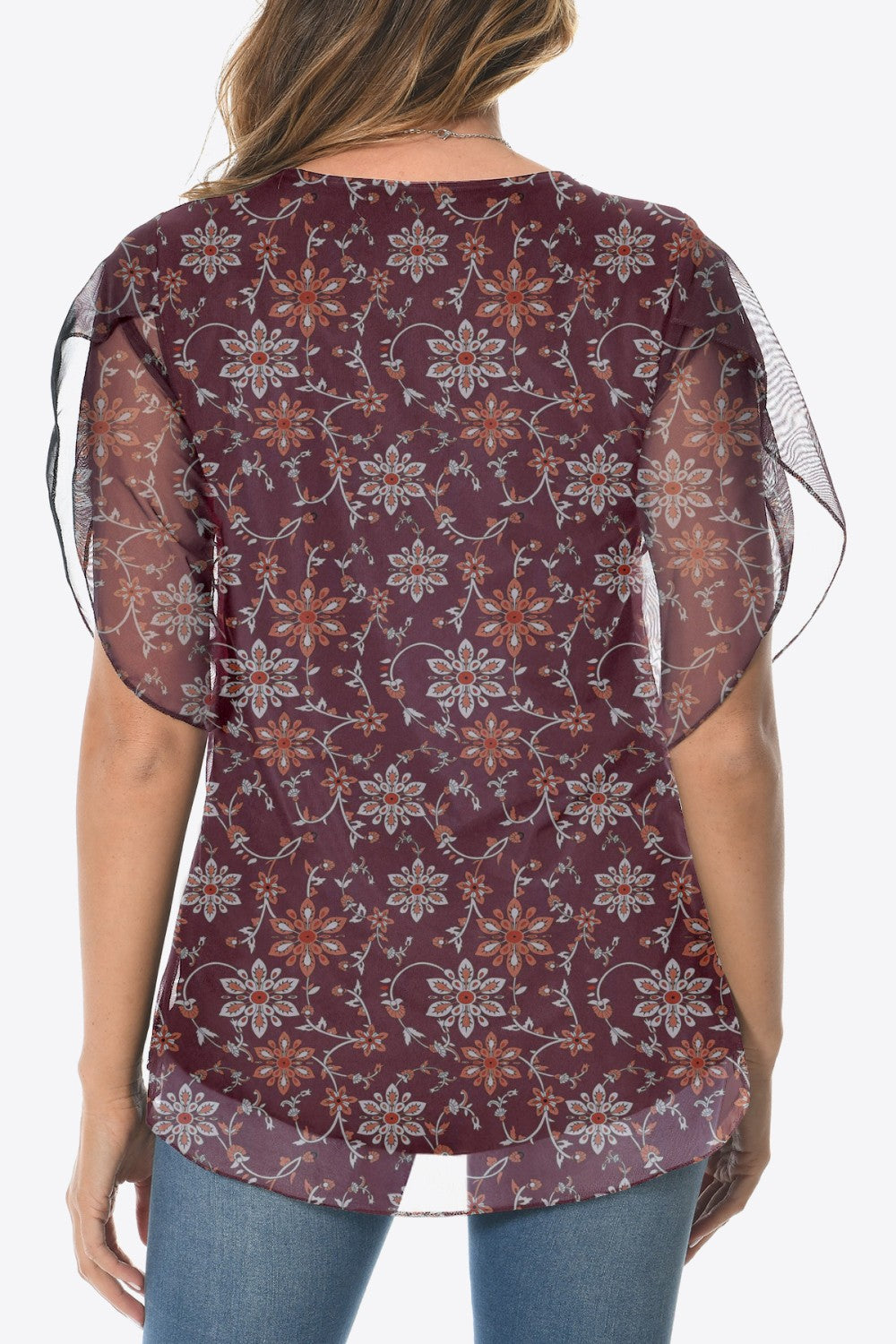 Printed Round Neck Curved Hem Blouse-Teresa&#39;s Fashionista LLC