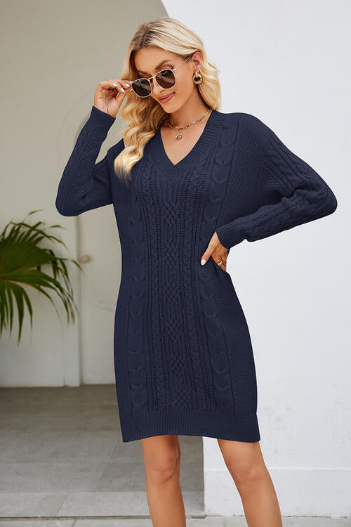 Cable-Knit Long Sleeve Sweater Dress-Teresa&#39;s Fashionista LLC