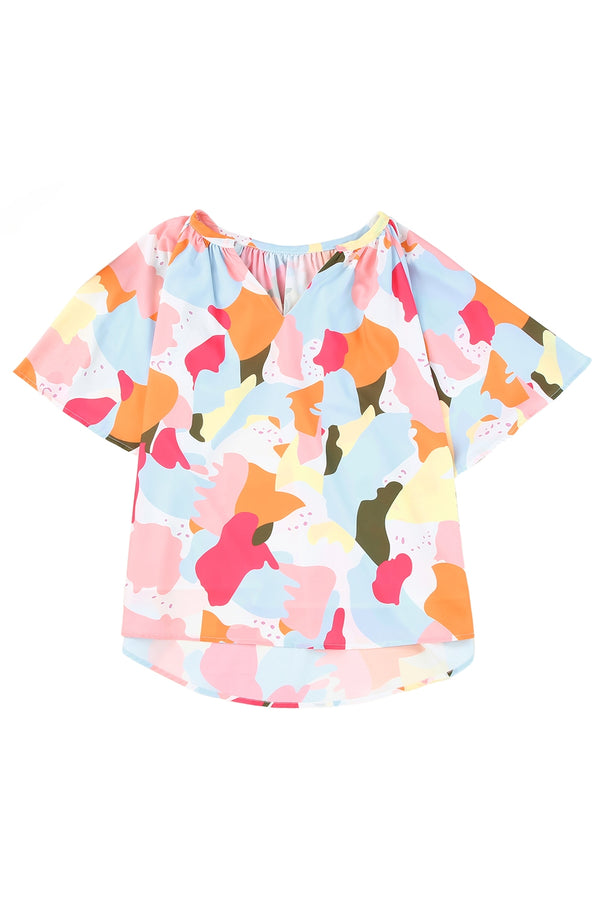 Printed Notched Neck Half Sleeve Blouse-Teresa's Fashionista LLC