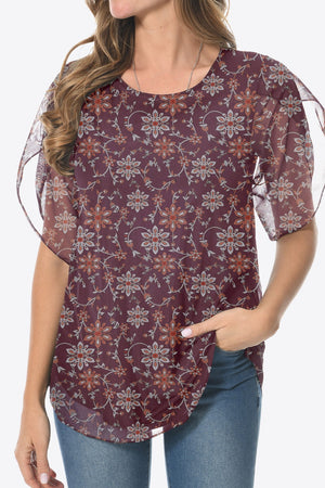 Printed Round Neck Curved Hem Blouse-Teresa's Fashionista LLC