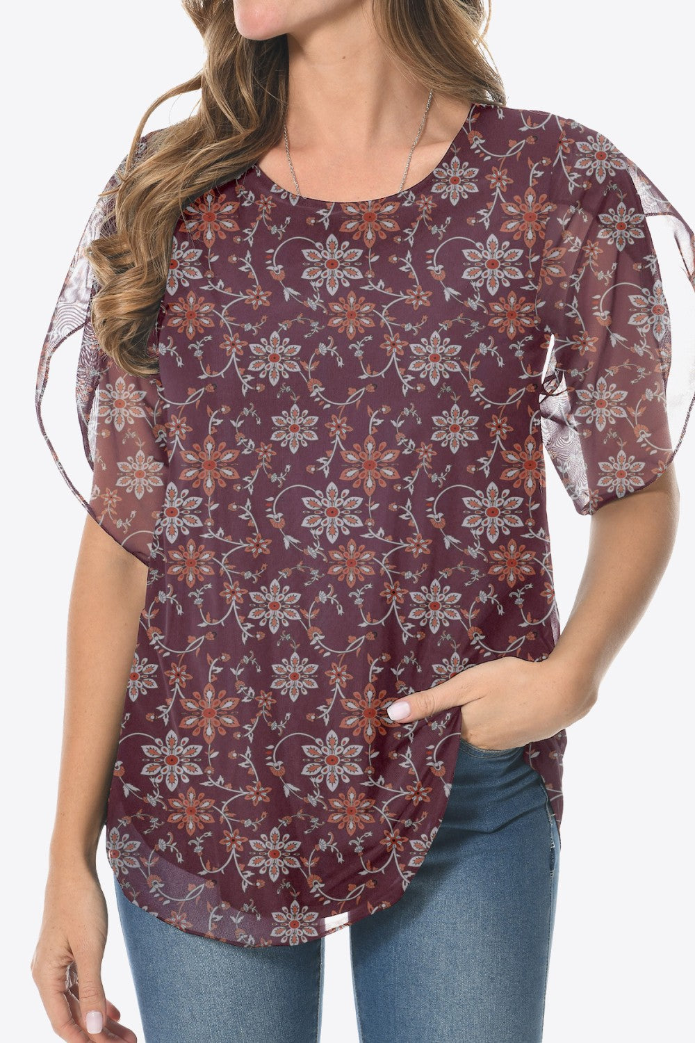 Printed Round Neck Curved Hem Blouse-Teresa&#39;s Fashionista LLC