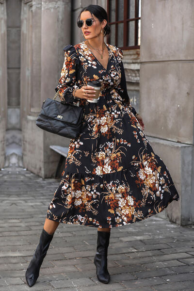 Floral Surplice Tie Front Ruffle Hem Midi Dress-Teresa's Fashionista LLC