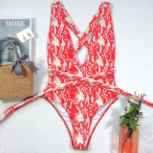 Halter Neck Deep V Tied One-Piece Swimsuit-Teresa's Fashionista LLC