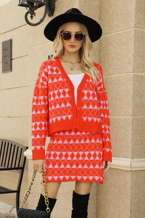 Geometric Button Front Cardigan and Skirt Set-Teresa's Fashionista LLC