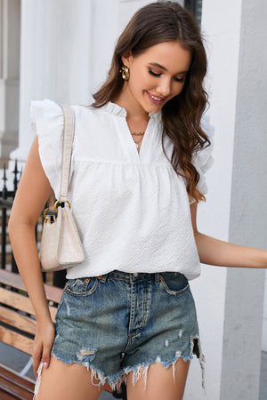 Notched Neck Butterfly Sleeve Blouse-Teresa's Fashionista LLC