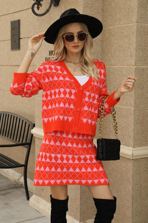 Geometric Button Front Cardigan and Skirt Set-Teresa's Fashionista LLC
