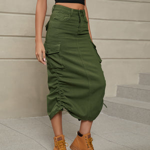Drawstring Ruched Slit Denim Midi Skirt-Teresa's Fashionista LLC