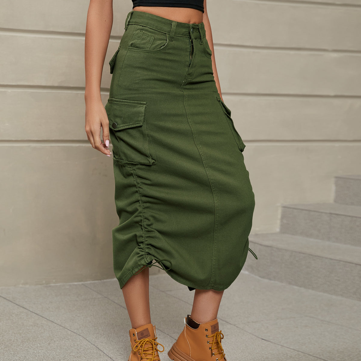Drawstring Ruched Slit Denim Midi Skirt-Teresa&#39;s Fashionista LLC