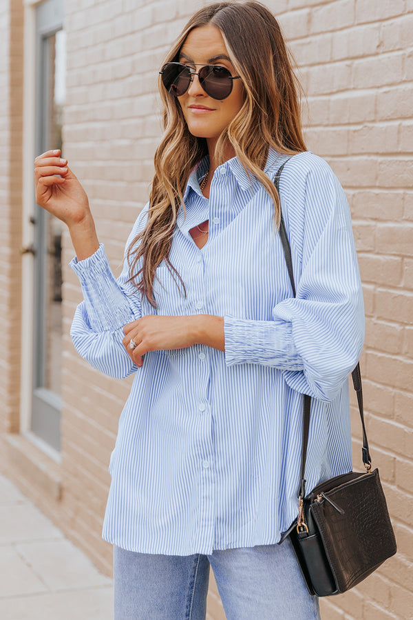 Striped Lantern Sleeve Collared Shirt-Teresa's Fashionista LLC