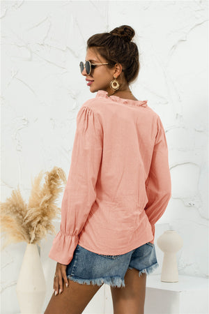 Frill Trim V-Neck Flounce Sleeve Shirt-Teresa's Fashionista LLC