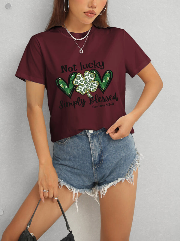 Lucky Clover Round Neck Short Sleeve T-Shirt-Teresa's Fashionista LLC