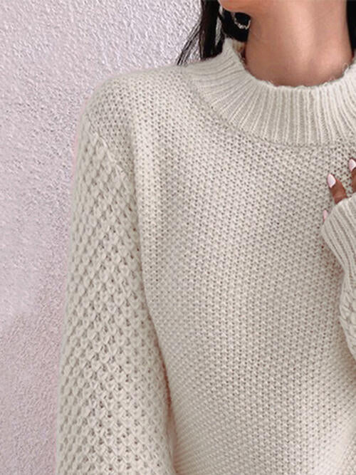 Openwork Mock Neck Long Sleeve Sweater-Teresa&#39;s Fashionista LLC