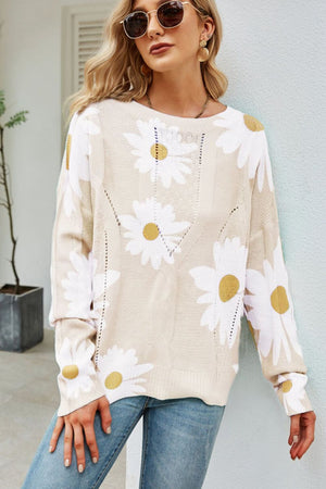 Daisy Print Openwork Round Neck Sweater-Teresa's Fashionista LLC