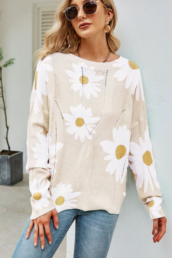 Daisy Print Openwork Round Neck Sweater-Teresa's Fashionista LLC
