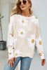 Daisy Print Openwork Round Neck Sweater-Teresa's Fashionista LLC