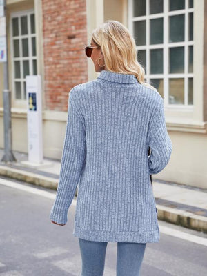 Ribbed Turtleneck Long Sleeve Slit Knit Top-Teresa's Fashionista LLC